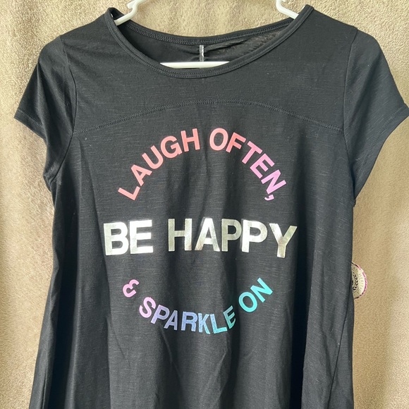 S0 girls black graphic tee ruched back laugh often Be Happy & sparkle on size 16 - Picture 1 of 7